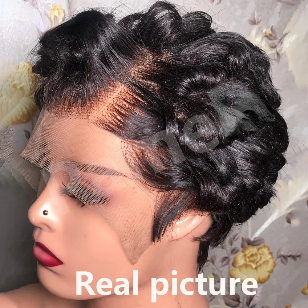 Perubian Virgin Hair Bob Wig Human Hair 13x4 Frontal Lace Wig Pixie Cut Wig 180% Density Short Bob Curly Pre Plucked 13x4 Lace Front Wigs