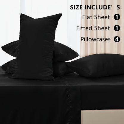 6-Piece Luxurious Satin Sheet Set - Soft, Silky Microfiber, Deep Pocket Fitted Sheet, Flat Sheet, 4 Pillowcases, Smooth, Breathable, Hypoallergenic, and Gentle on Skin