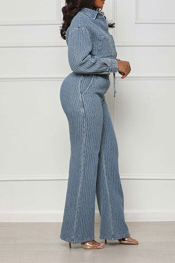 storexq Checked Denim Retro Drawstring Pant Suit