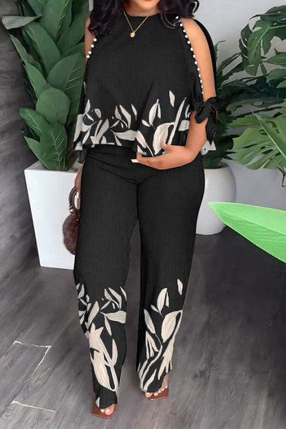 storexq Leaf Print Elegant Beaded Decor Pant Suit