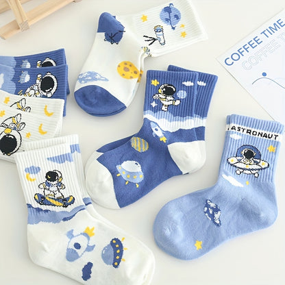 8 Pairs Of Kid's Fashion Cute Astronaut Pattern Crew Socks, Comfy & Breathable Soft & Elastic Sport Socks For Spring And Summer