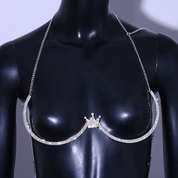 storexq Crown Design Rhinestone Luxe Metallic Bra Chain