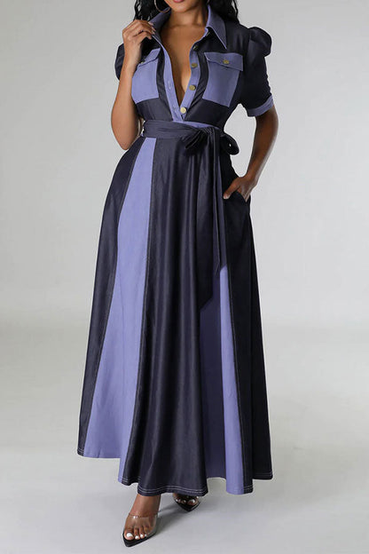 storexq Color Block Patchwork Classic Belted Maxi Dress