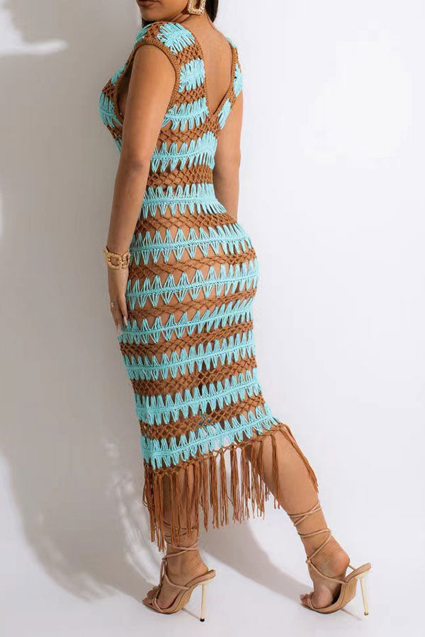 namcoverse Wavy Lines Crochet Cutout Stunning Tassel Midi Dress Beachwear