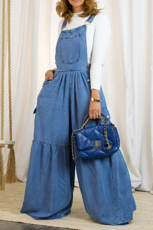 storexq Blue Denim Casual Wide Leg Suspender Jumpsuit