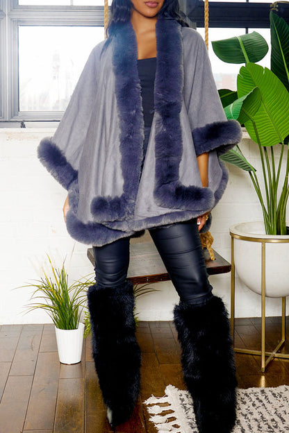 storexq Solid Color Faux Fur Patchwork Elegant Cape Coat