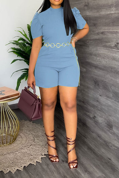 storexq Solid Color Simple Romper With Chain Belt