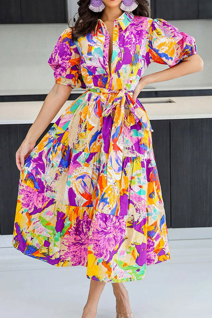 storexq Abstract Print Colorful Belted Tiered Ruffle Midi Dress