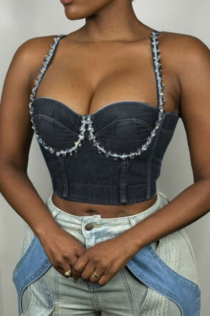 storexq Rhinestone Trim Glittery Denim Camisole