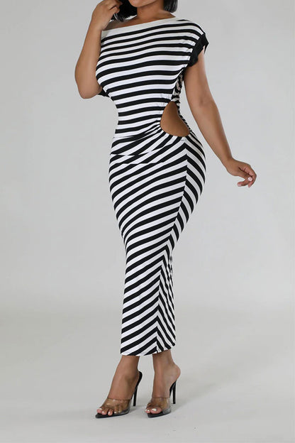 storexq Striped Patchwork Boat Neck Classic Cutout Midi Dress