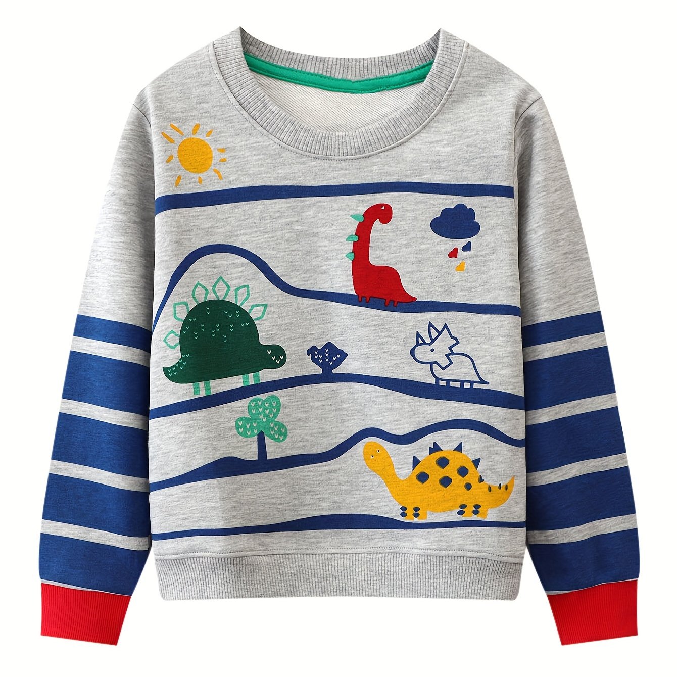 Boys Cartoon Dinosaurs Long Sleeve Crew Neck Pullover Sweatshirt - Soft Cotton, Slight Stretch, Casual Style for Spring/Fall - Hand Wash Only, Regular Fit, Knit Fabric