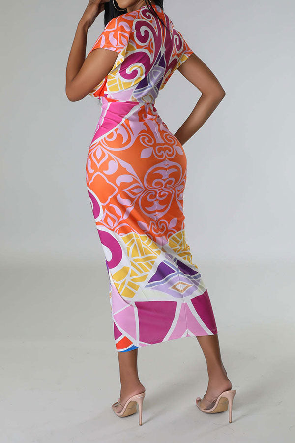 storexq Tribal Print Feminine Draped High Split Midi Dress