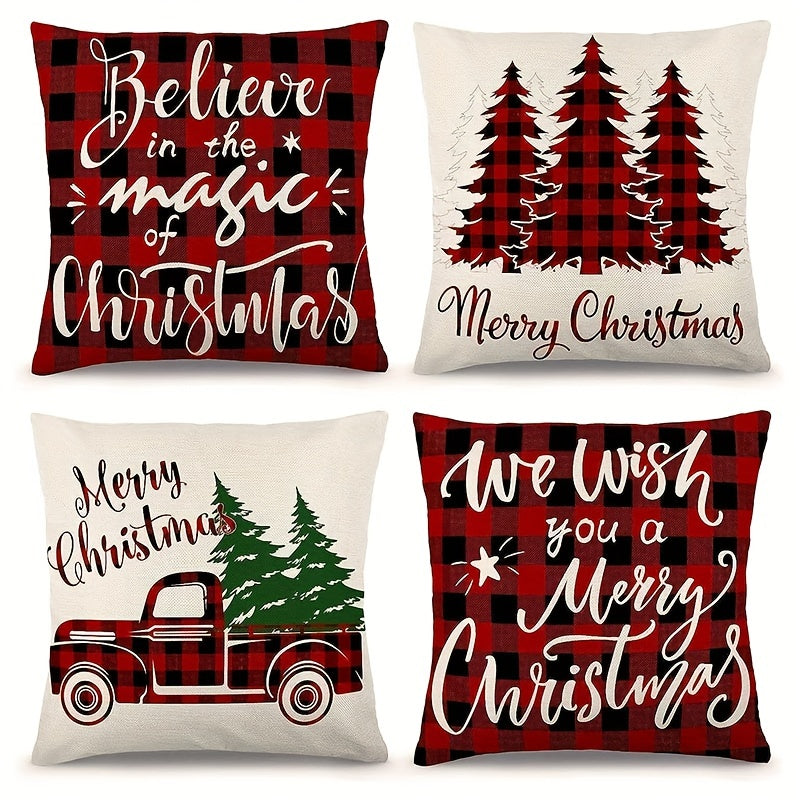 4PCS Red Buffalo Pattern Printed Christmas Throw Pillow Covers, Decorative Pillowcase for Home, Room, Bedroom, Living Room, Car, and Sofa Decor