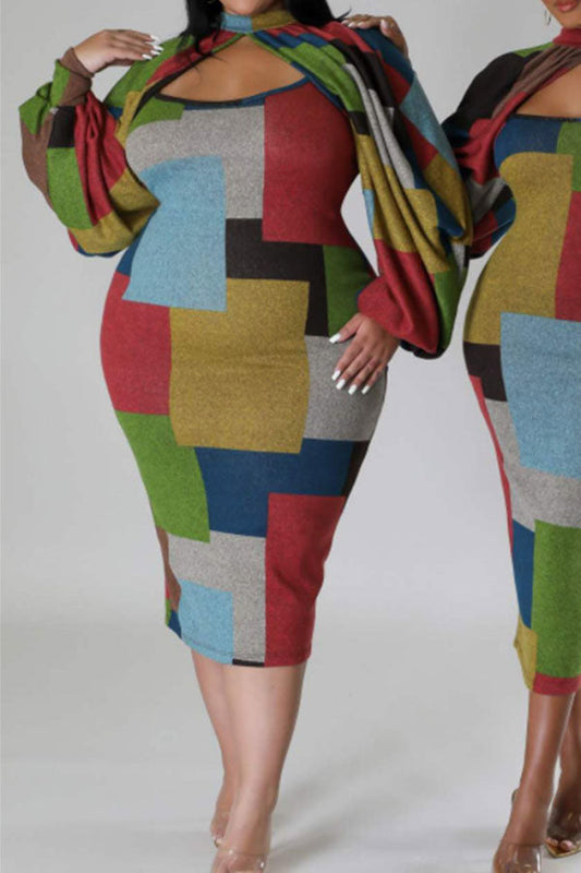 storexq Patchwork Color Block Flattering Midi Dress