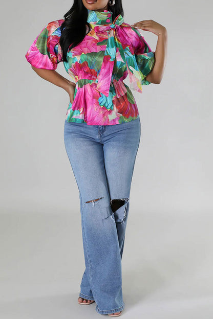 storexq Floral Print Puff Sleeve Sweet Peplum Blouse