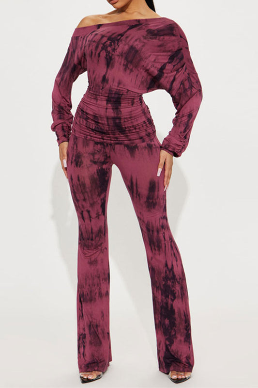 storexq Splash Ink Print Slash Neck Modern Ruched Pant Suit