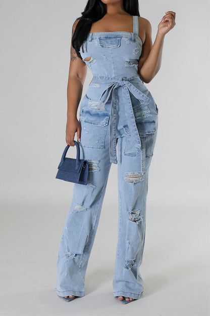 storexq Ripped Denim Smart Pocket Belted Suspender Jumpsuit