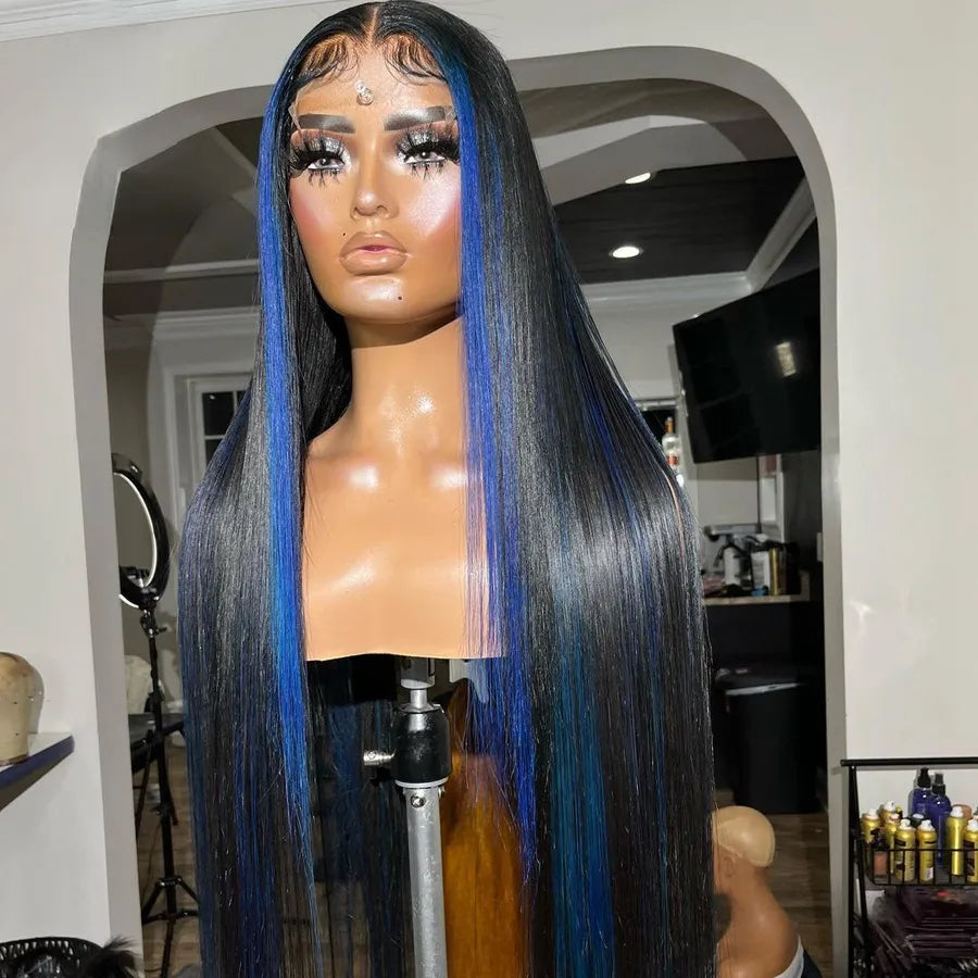 Blue Ombre Human Hair Wigs 13x4 Transparent Lace Frontal Wig Brazilian Body Wave Lace Front Wig Straight Synthetic Closure Wig