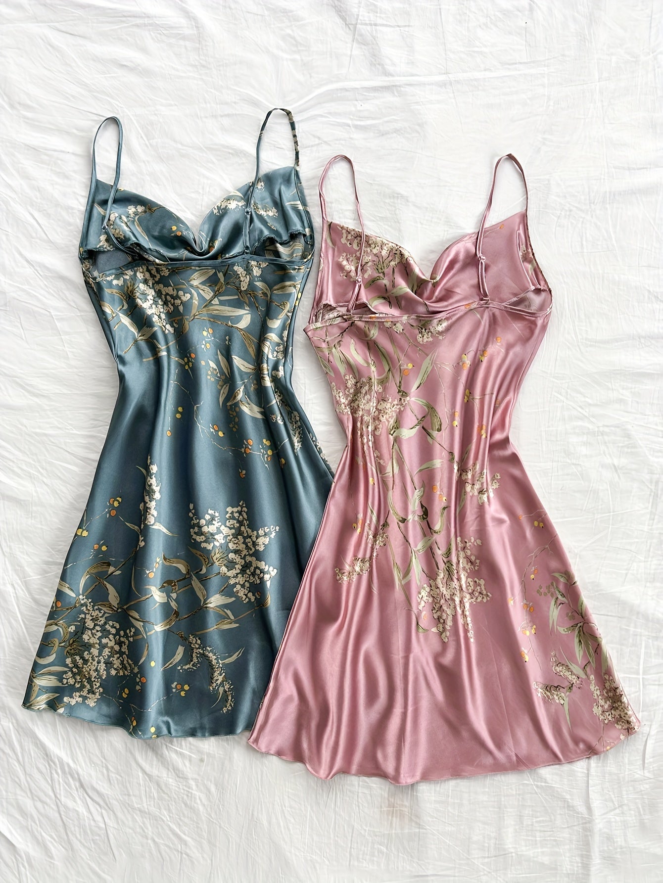 2pcs Romantic Floral Print Nightdress - Soft Draped Collar, Seductive Backless Sleep Dress - Womens Luxurious Loungewear & Versatile Dresses for Sweet Dreams