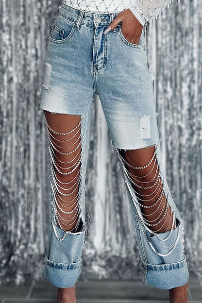 storexq Ripped Cool Rhinestone Chain Decor Jeans