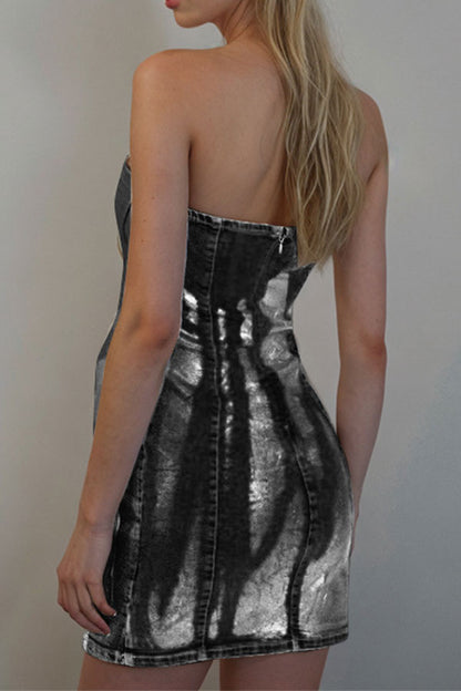 namcoverse Metallic Coated Shimmery Strapless Denim Mini Dress