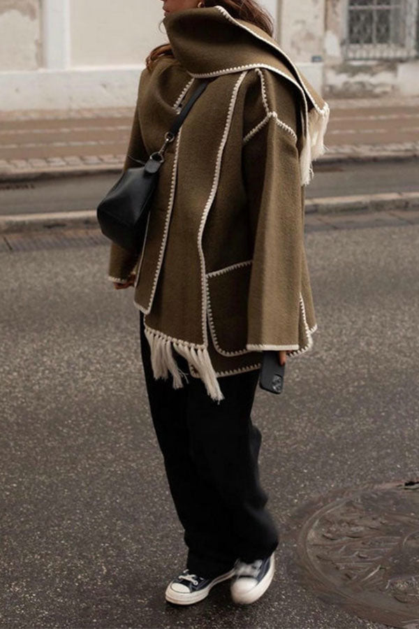 storexq Patchwork Scarf Collar Modern Tassel Coat