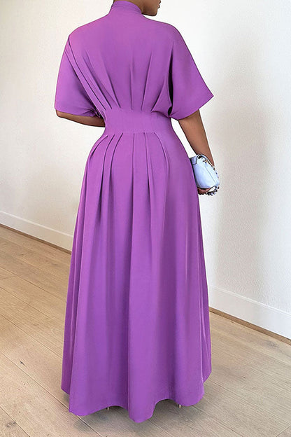 storexq Solid Color Classic Pleated Maxi Shirt Dress