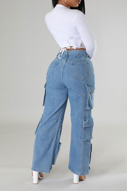 storexq Solid Color Cool Multi Pocket Wide Leg Jeans