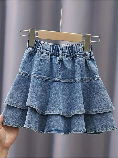 Tiered Ruffle Skirt - Soft Cotton Denim, Stretchy Elastic Waistband, Adorable Button Accents - Perfect for Girls, Latest Summer  Fashion, Cute and Playful Style, Youthful Casual Wear