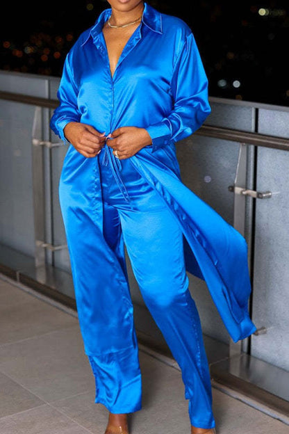 storexq Solid Color Relaxed Side Split Pant Suit