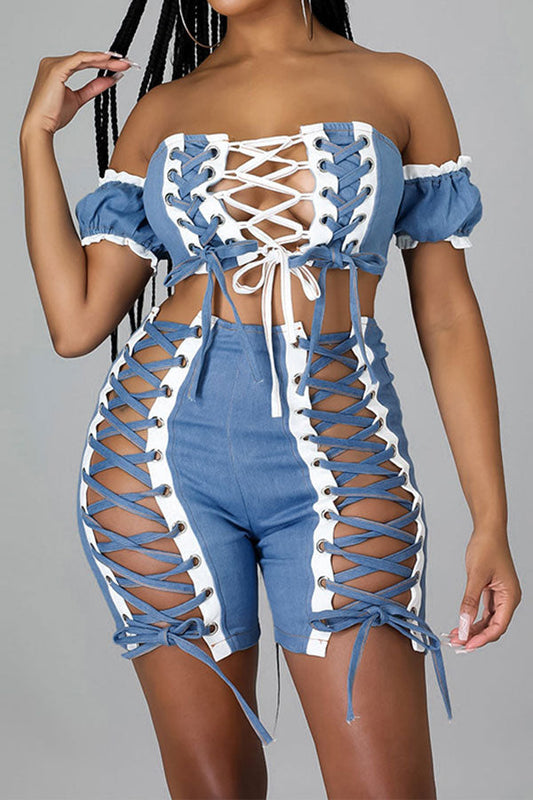 storexq Bandage Lace-Up Rocking Denim Pant Suit