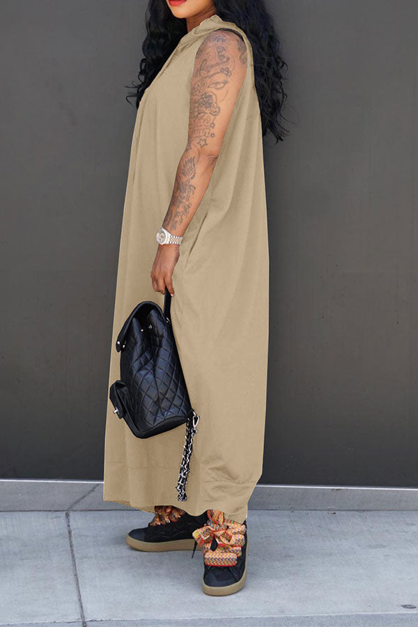 storexq Solid Color Relaxed Hooded Maxi Dress