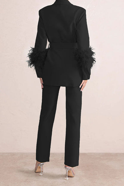 storexq Solid Color Feather Trim Elegant Belted Pant Suit