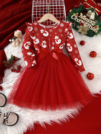 Long Sleeve Girls' Winter Christmas Party Princess Dress With Mesh Hem & Lining, Ribbon Belt, Holiday Fun