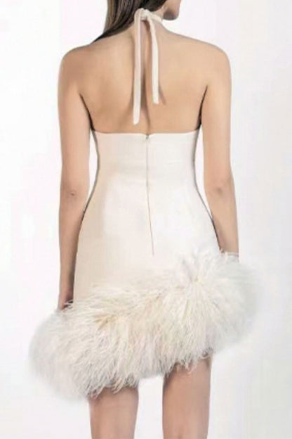 storexq Rhinestone Trim Cross Halter Glamorous Feather Hem Mini Dress