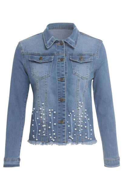 storexq Beaded Decor Girly Burrs Denim Coat