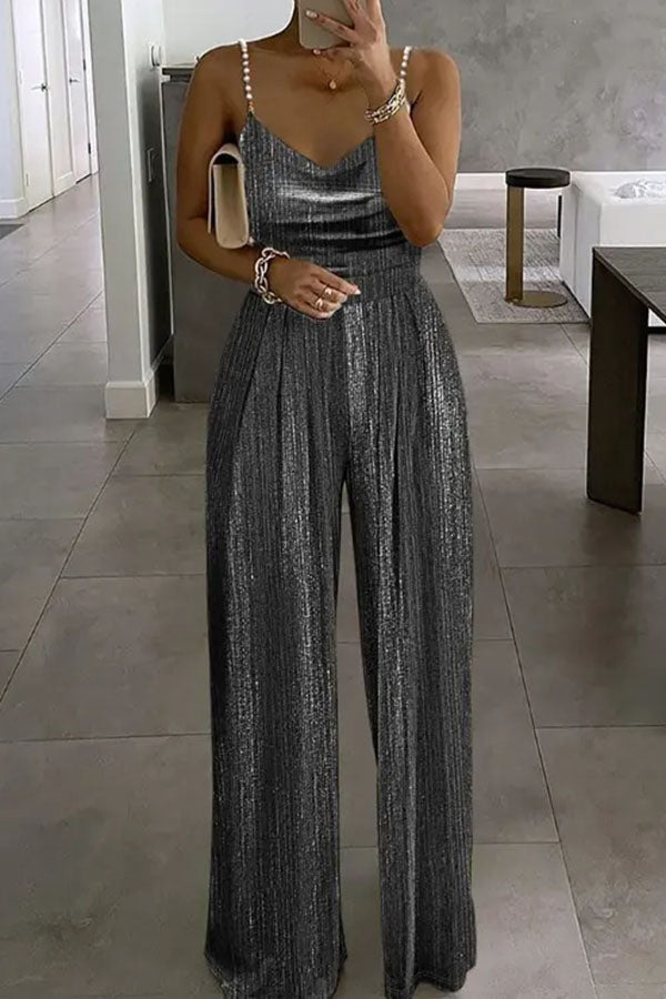 storexq Metallic Romantic Beaded Strap Wide Leg Jumpsuit