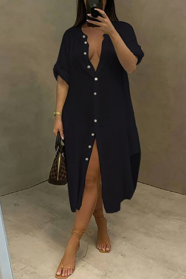 storexq Solid Color Casual Single Breasted Midi Dress