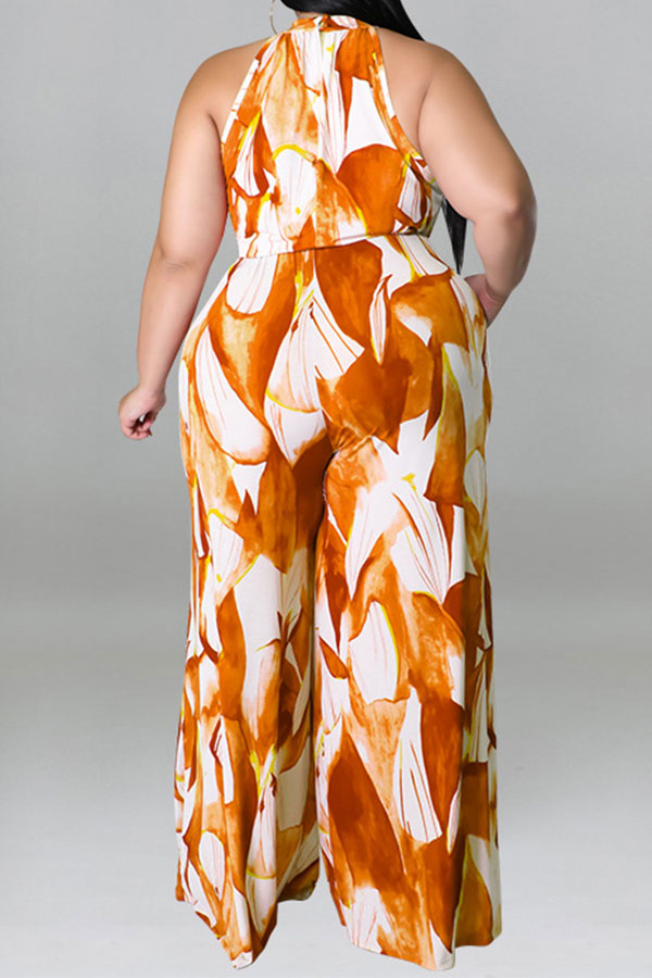 storexq Leaf Print Elegant Belted Wide Leg Jumpsuit