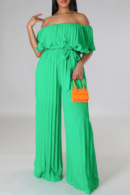 storexq Solid Color Classic Layered Pleated Jumpsuit With Belt