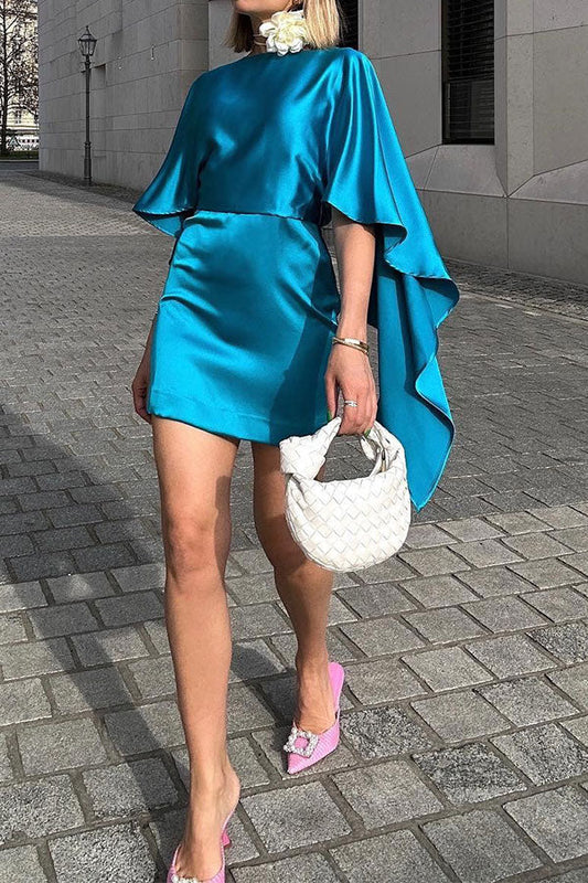 storexq Solid Color Elegant Cape Sleeve Irregular Mini Dress