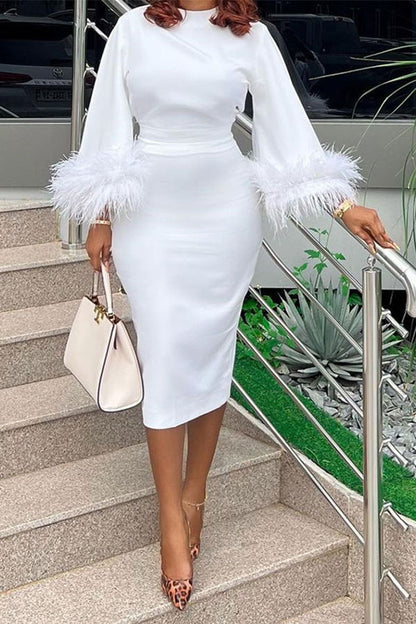 storexq Solid Color Round Neck Elegant Feather Trim Midi Dress