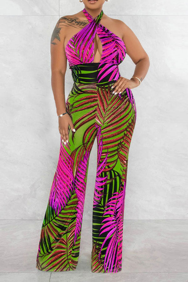 storexq Leaf Print Tropical Backless Lace-Up Jumpsuit