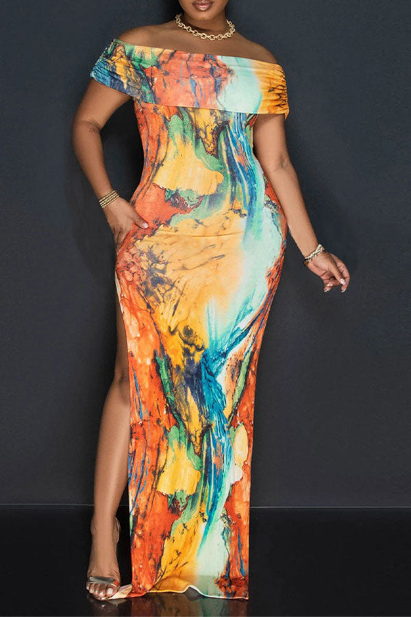 storexq Watercolor Print Off Shoulder Flattering Side Slit Midi Dress