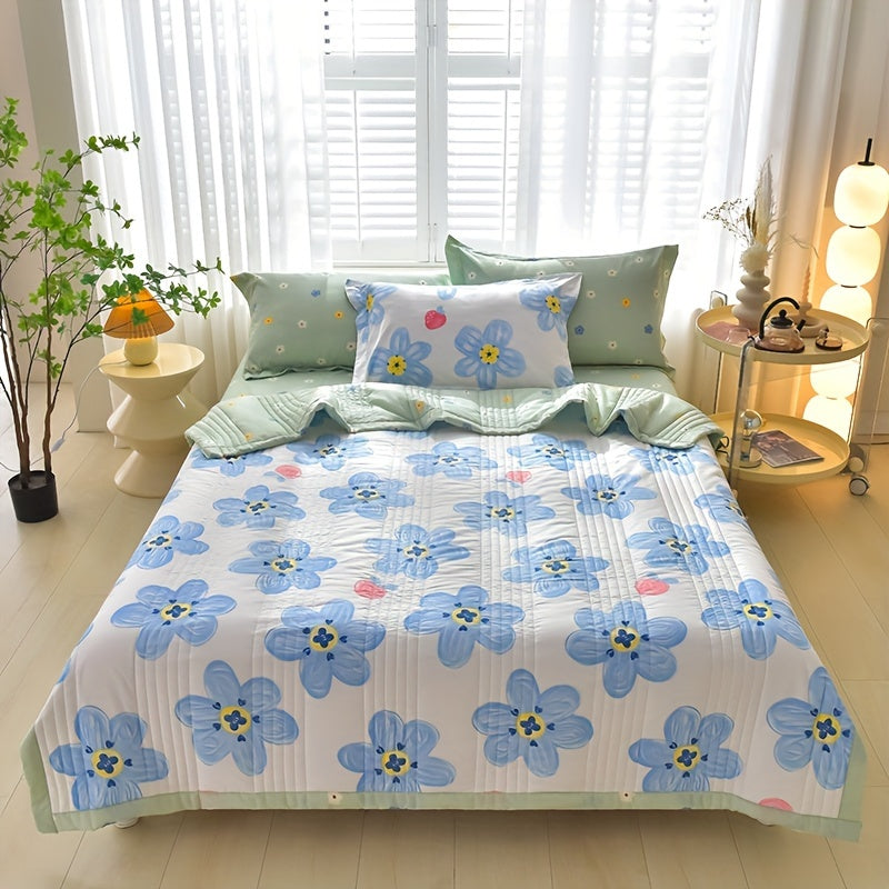 3pcs Luxurious Skin-Friendly Floral Quilt Set - Soft, Breathable, and Comfortable for All Seasons - Ideal for Single, Double, Hotel, Home, Bedroom, Guest Room, and Sofa with 1 Thin Quilt and 2 Pillowcases