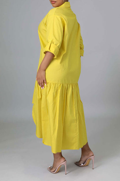 storexq Solid Color Shirt Collar Casual High Low Midi Dress