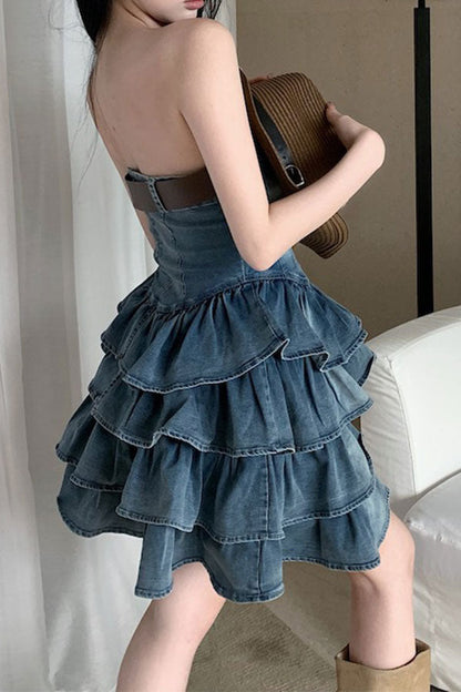 storexq Gradient Girly Belted Tiered Ruffle Denim Mini Dress