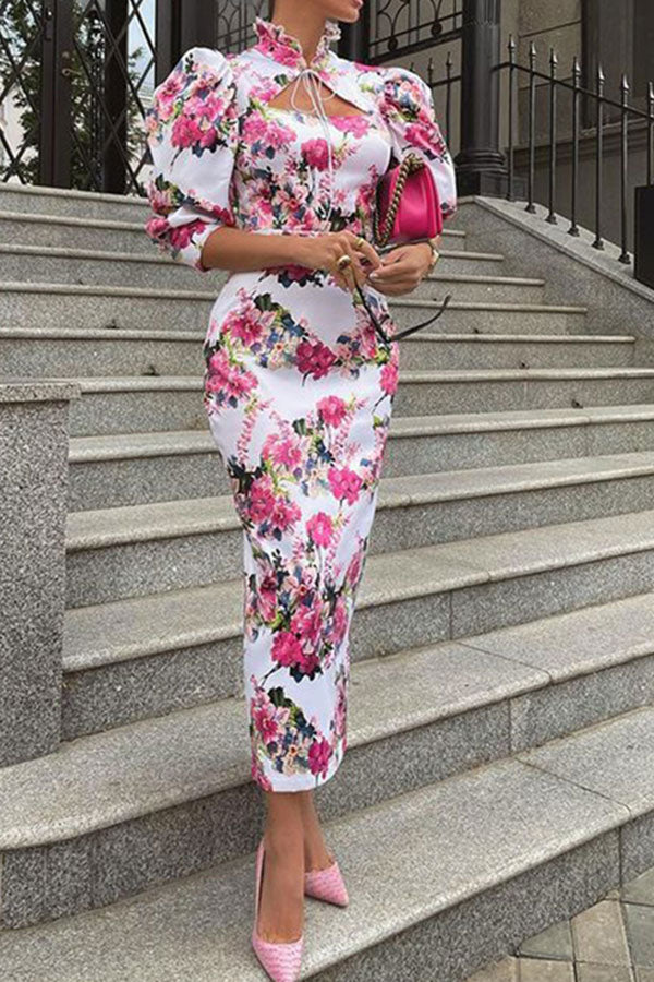 storexq Floral Print Glamorous Mandarin Collar Midi Dress