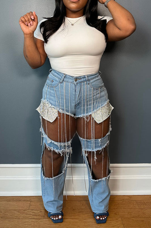 storexq Washed Gradient Ripped Striking Rhinestone Tassel Trim Jeans