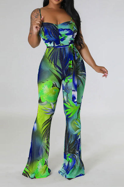 storexq Floral Print Romantic Belted Bell Bottoms Jumpsuit